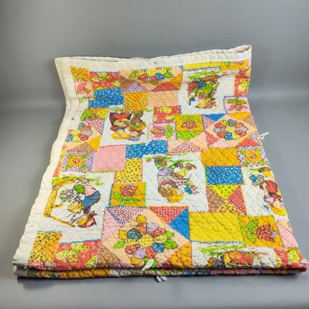 Vintage 1970s Hollie Hobbie Style Patchwork Quilt Blanket Handmade 52x44 Retro